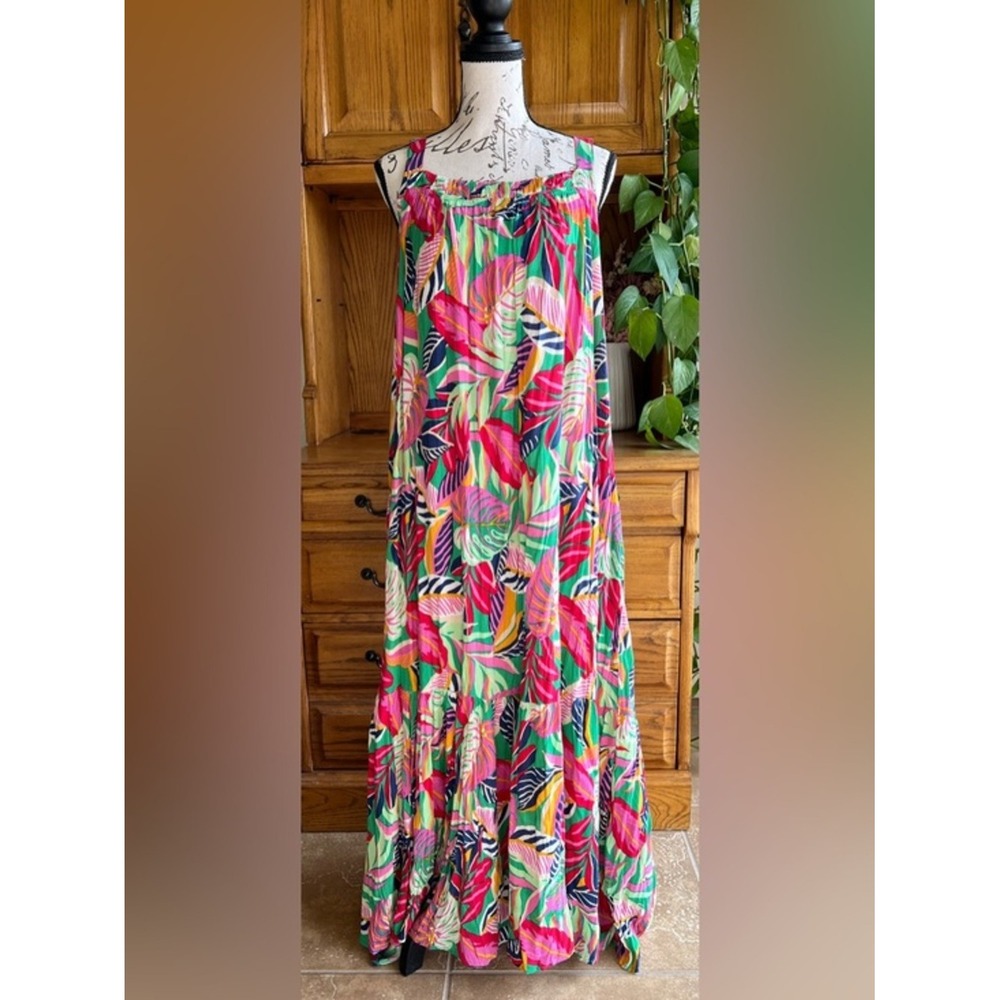 Goa Beachwear by Japna Womens Large Tropical Leaf Print Rayon Maxi Dress Pink L